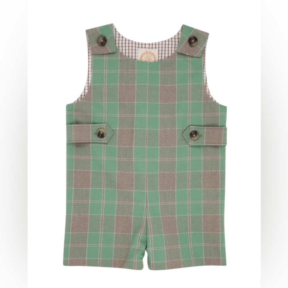 NWT The Beaufort Bonnet Company Green and Tan Plaid Boys' Shortall Overalls